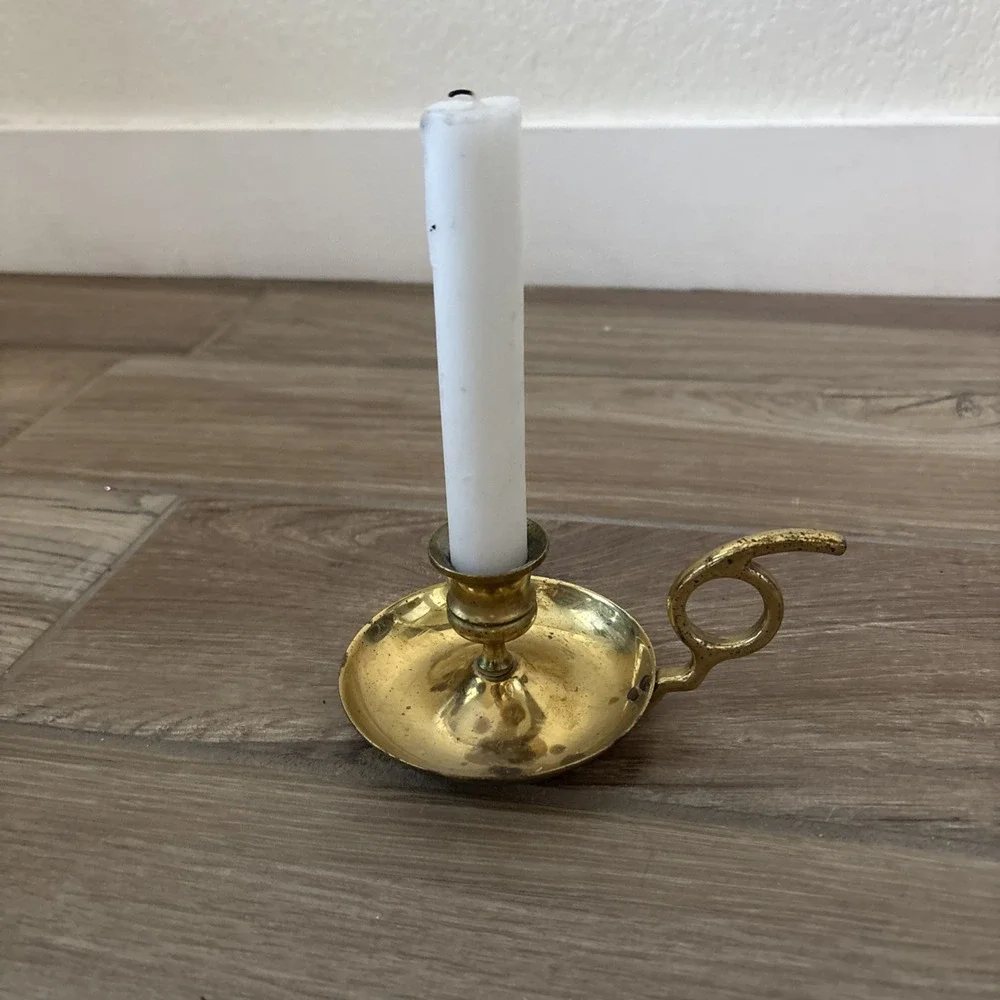 Brass Light Weight Taper Candle Holder with‎ Handle, Drip Plate 8